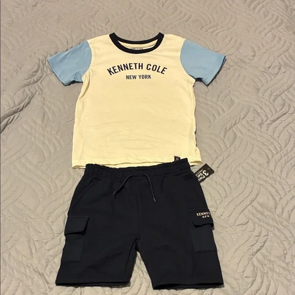 Kenneth Cole Kids Dark Blue Hoodie, Light Blue Sleeve Shirt and shorts. - Picture 4 of 9